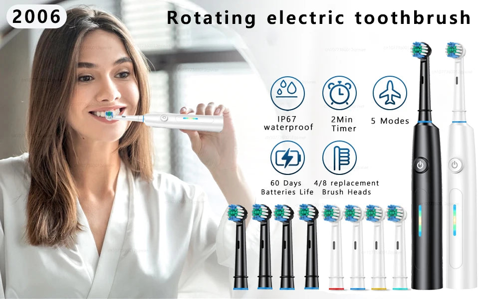 Rotating Electric Toothbrush with 8 Brush Heads with 5 Cleaning Modes Clean Teeth Battery Powered Rechargeable Toothbrush