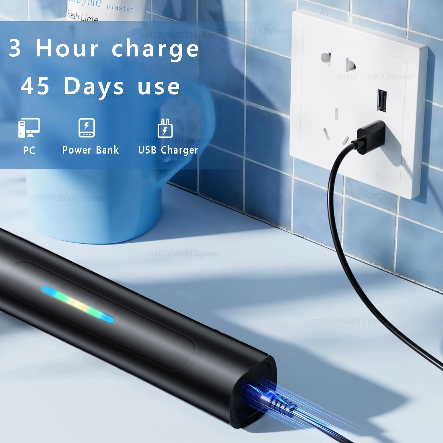 Rotating Electric Toothbrush with 8 Brush Heads with 5 Cleaning Modes Clean Teeth Battery Powered Rechargeable Toothbrush