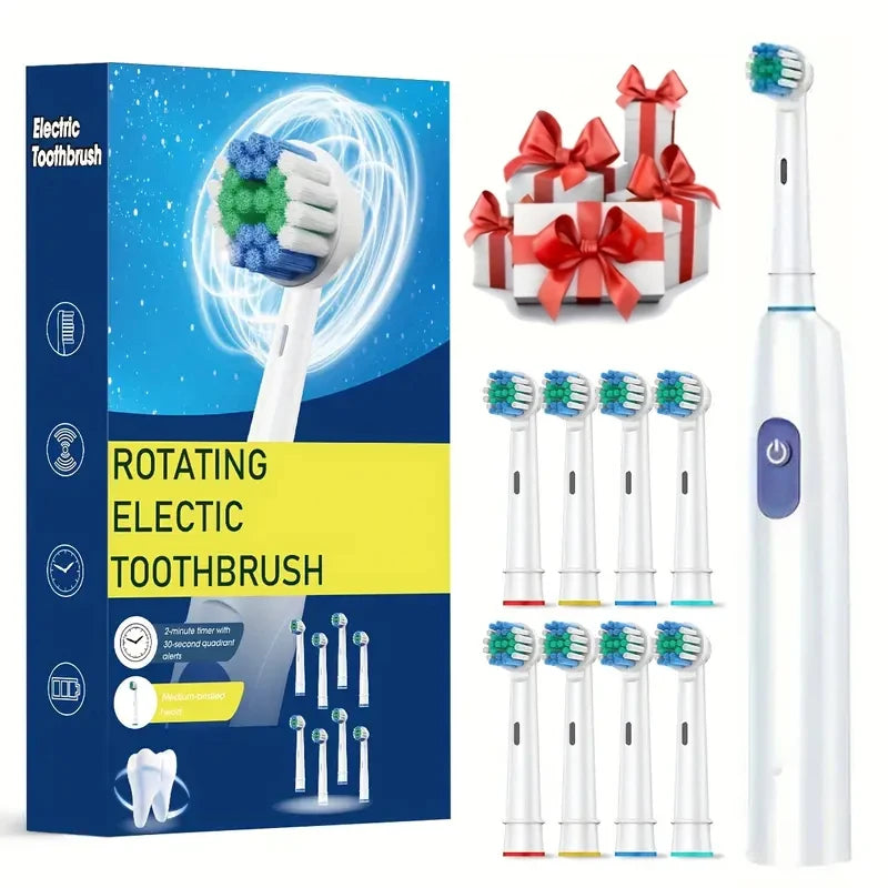 F&E Rotary Rechargeable Soft Bristles Electric Toothbrush with 8 Soft Brush Heads