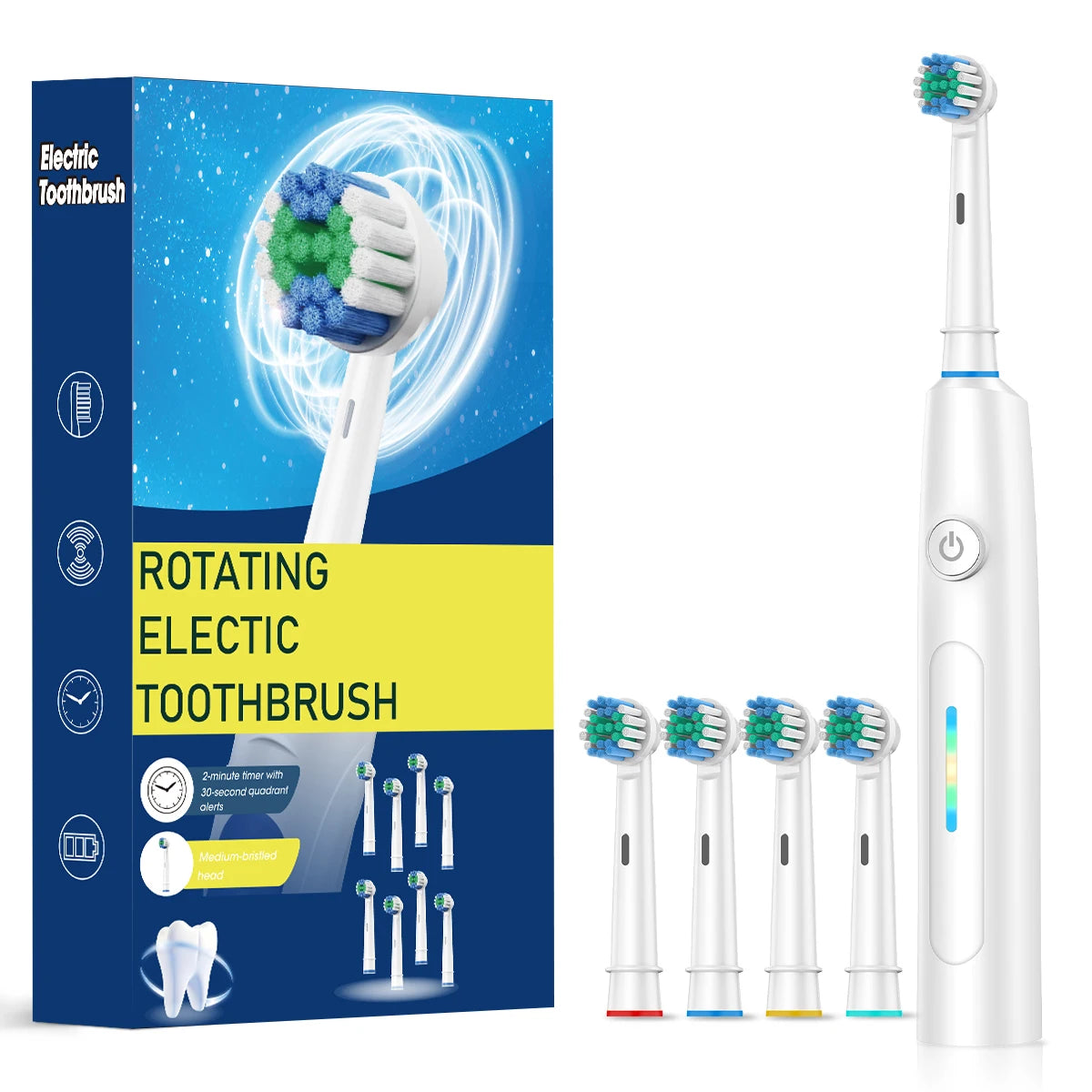 F&E Electric Medium bristle Toothbrush with 8 Brush Heads with 5 Cleaning Modes Battery Powered & Rechargeable