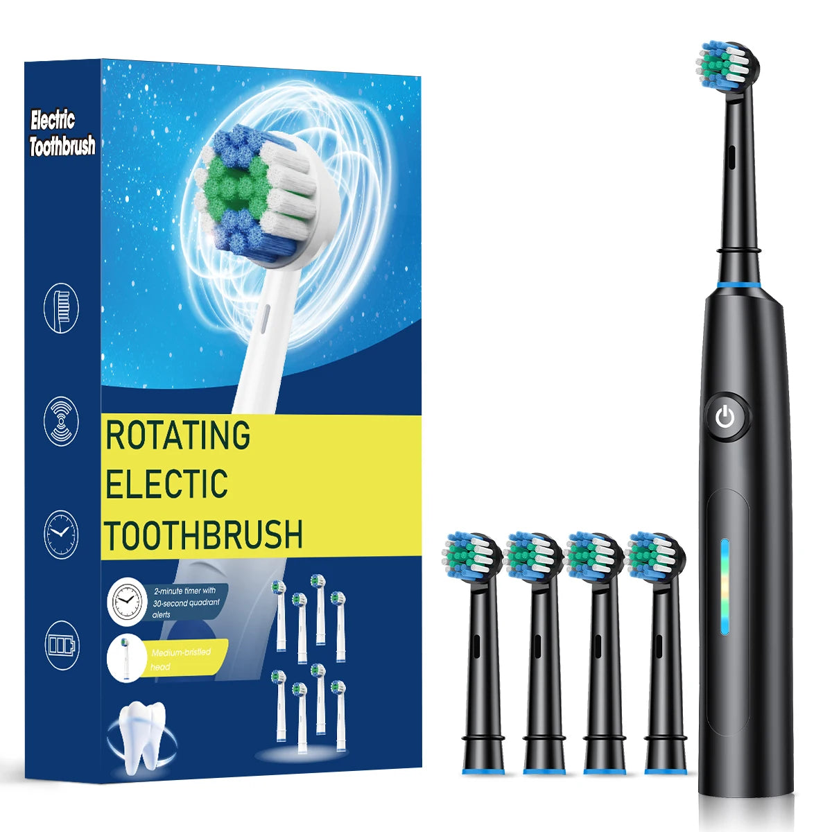 F&E Electric Medium bristle Toothbrush with 8 Brush Heads with 5 Cleaning Modes Battery Powered & Rechargeable