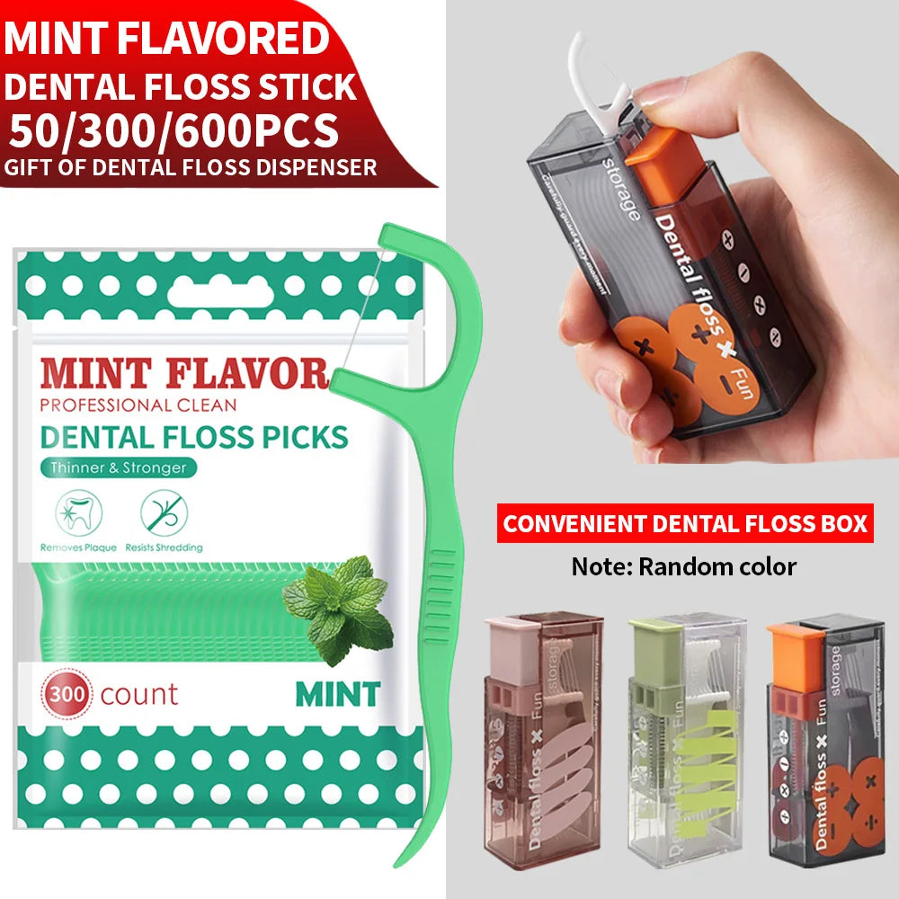 600/300/50PCS Mint Flavored Disposable Floss Stick -with Floss Dispenser Box - Essential for Going Out