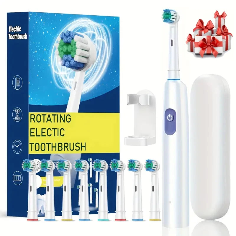 F&E Rotary Rechargeable Soft Bristles Electric Toothbrush with 8 Soft Brush Heads