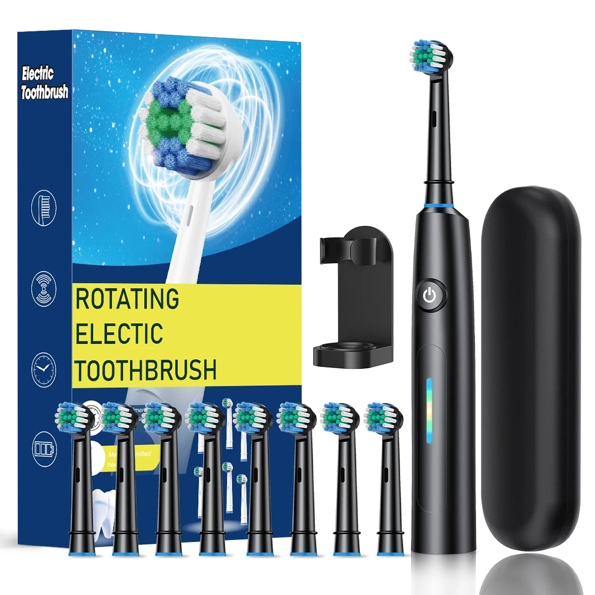 Rotating Electric Toothbrush with 8 Brush Heads with 5 Cleaning Modes Clean Teeth Battery Powered Rechargeable Toothbrush