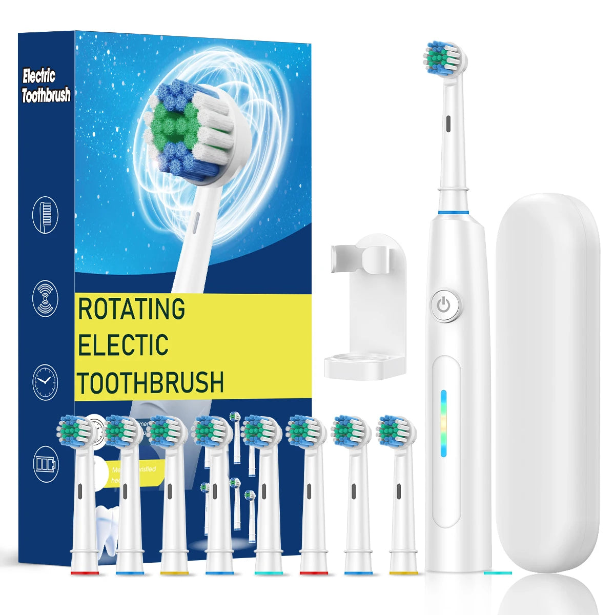F&E Electric Medium bristle Toothbrush with 8 Brush Heads with 5 Cleaning Modes  Battery Powered & Rechargeable