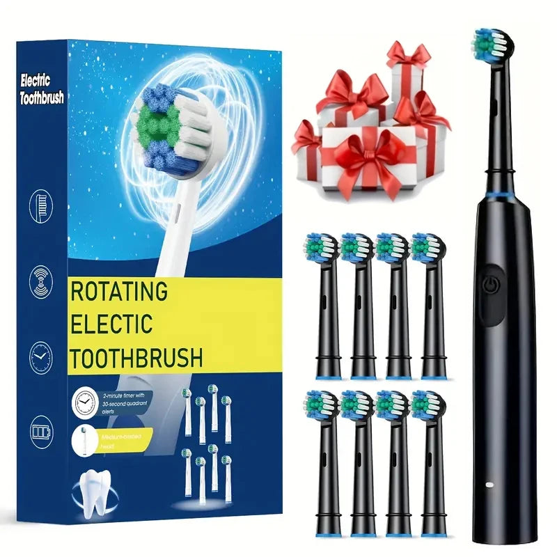 F&E Rotary Rechargeable Soft Bristles Electric Toothbrush with 8 Soft Brush Heads