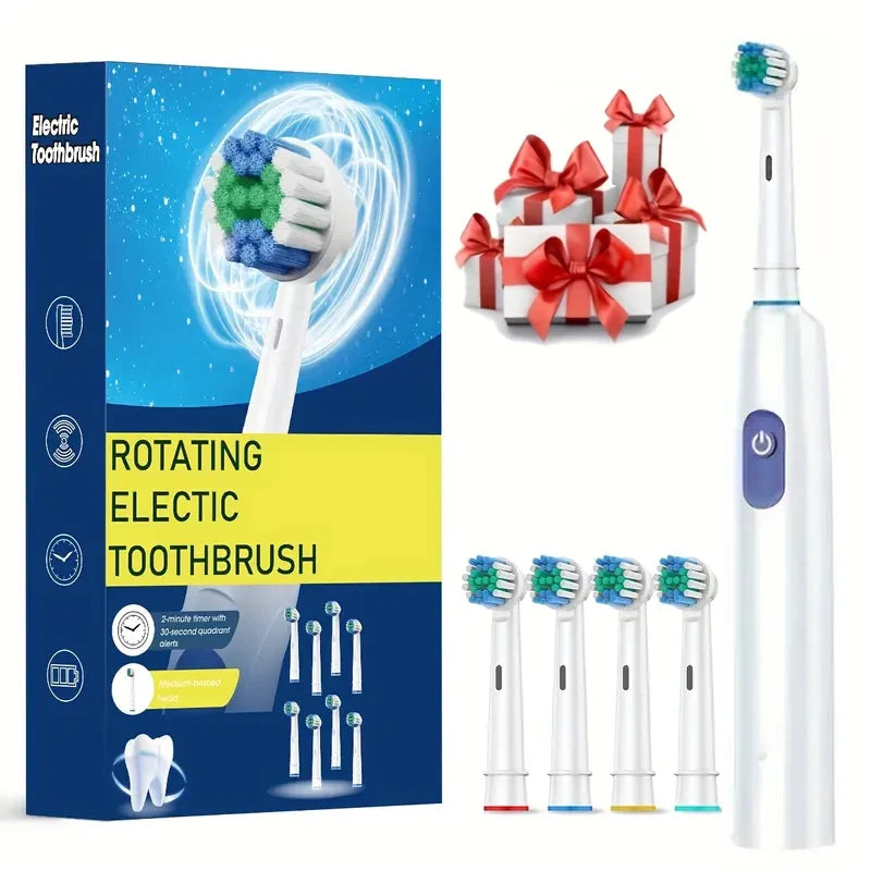 F&E Rotary Rechargeable Soft Bristles Electric Toothbrush with 8 Soft Brush Heads