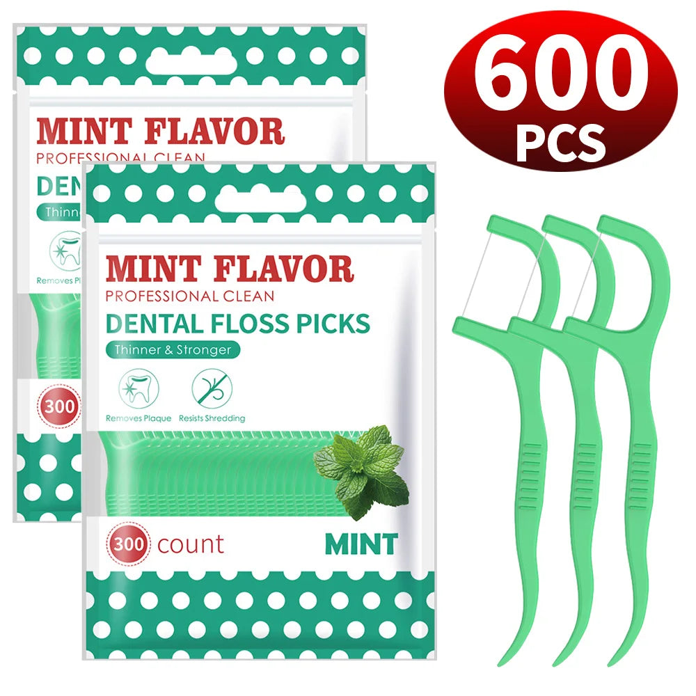 600/300/50PCS Mint Flavored Disposable Floss Stick -with Floss Dispenser Box - Essential for Going Out