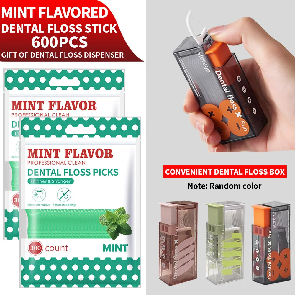 600/300/50PCS Mint Flavored Disposable Floss Stick -with Floss Dispenser Box - Essential for Going Out