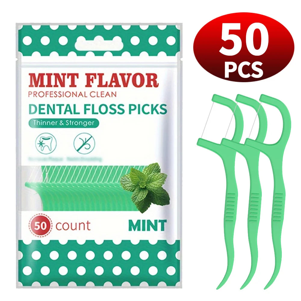 600/300/50PCS Mint Flavored Disposable Floss Stick -with Floss Dispenser Box - Essential for Going Out